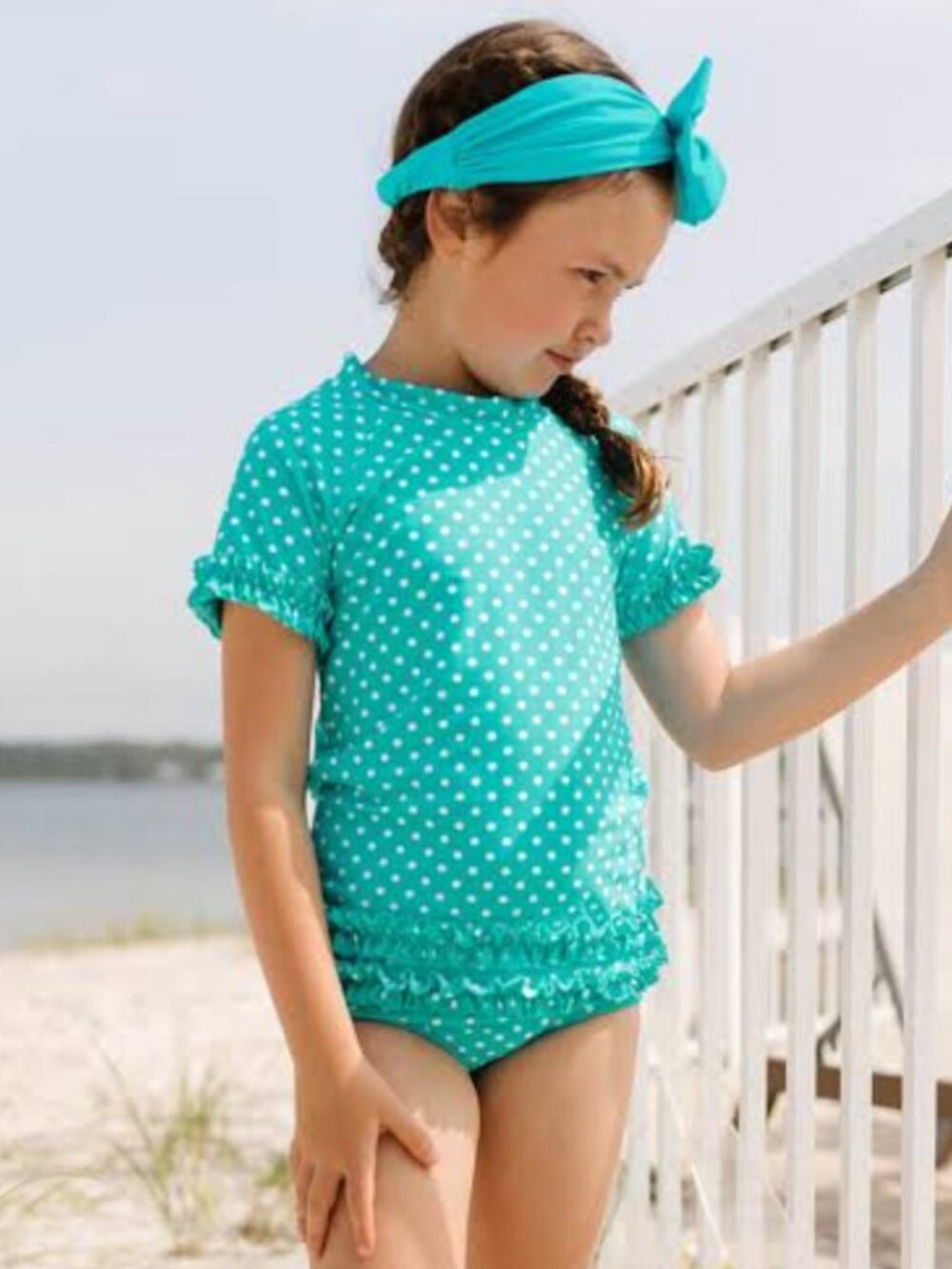 RuffleButts Girls Aqua Polka Dot Rash Guard 2PC Swimsuit Set Size 5 5T